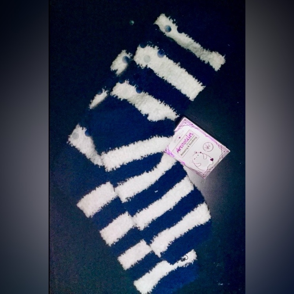 Navy Blue & White Striped Plush Aromatherapy Socks: Lavender Infused-NWT